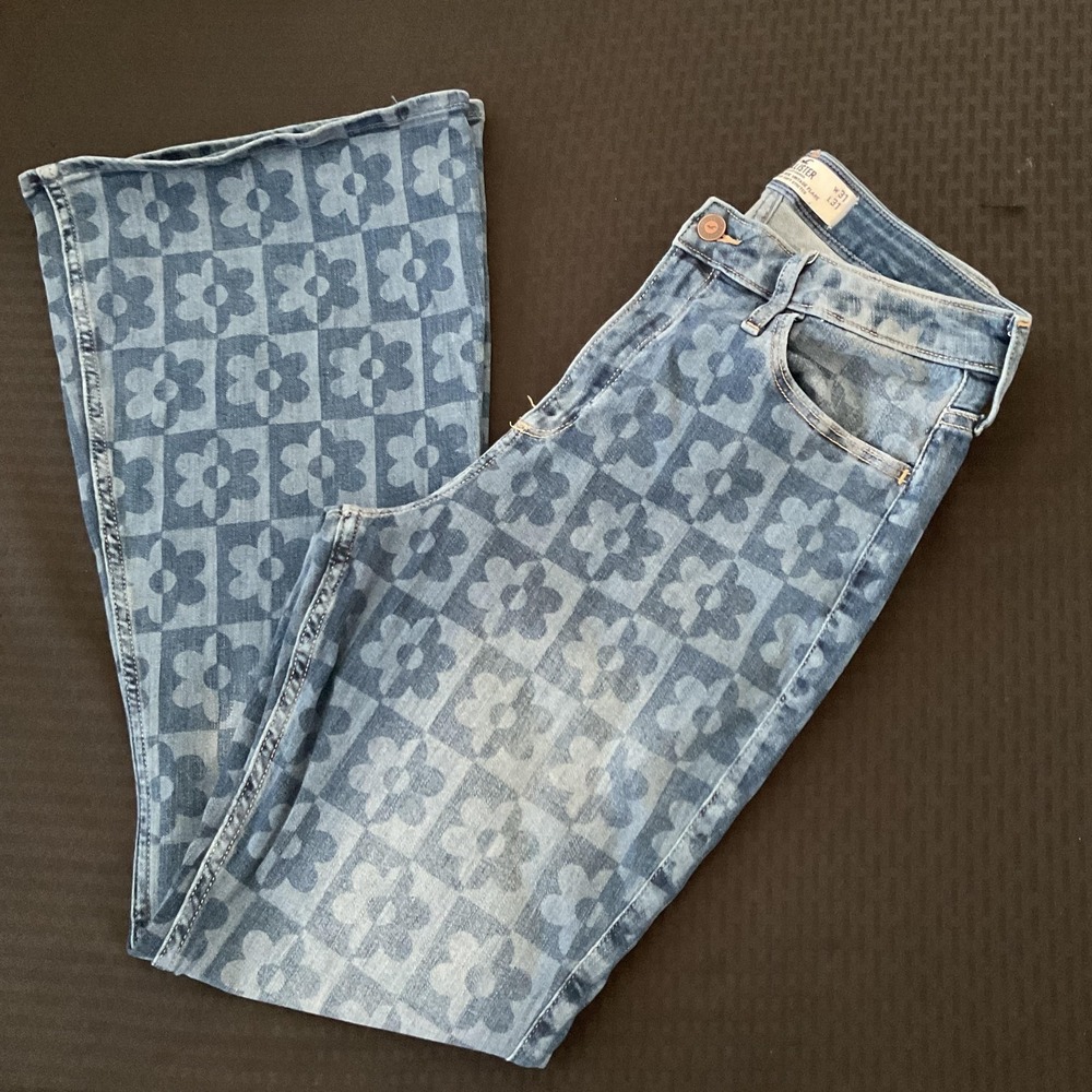 Hollister Jeans Juniors 13R Blue High Rise Flare Floral Print Stretch Denim
